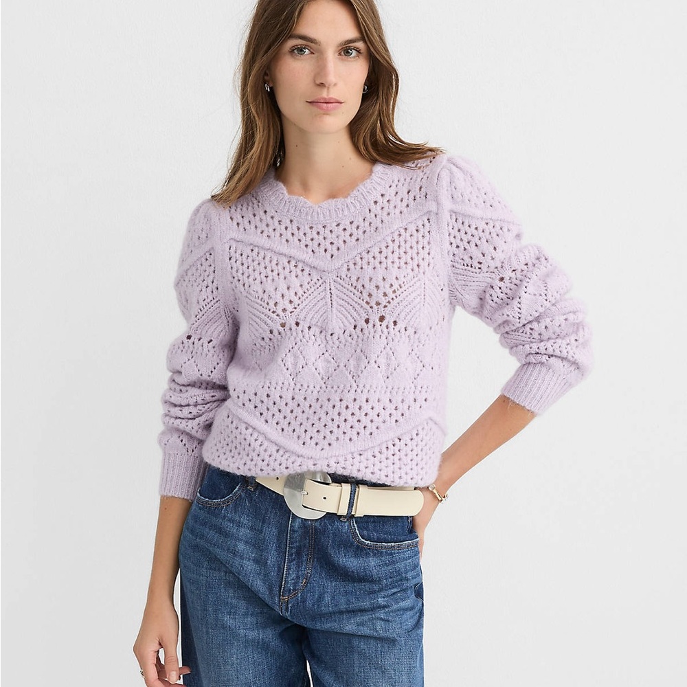 LOFT Light Purple Scalloped Pointelle Puff Sleeve Sweater NWT! Feminine